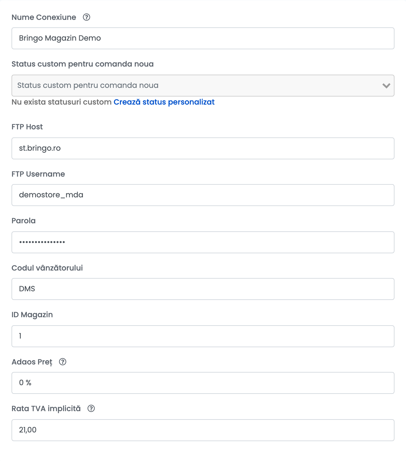 Setările principale Bringo: Nume Conexiune Bringo Magazin Demo, FTP Host st.bringo.ro, FTP Username demostore_mda, Parola, Codul vânzătorului DMS, ID Magazin 1, Adaos Preț 0 % și Rata TVA implicită 21.