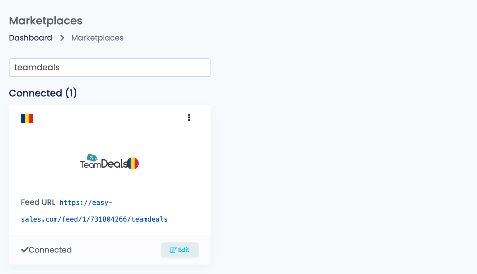 The Marketplaces page in easySales, filtered to teamdeals, with the Teamdeals card connected and its Feed URL.