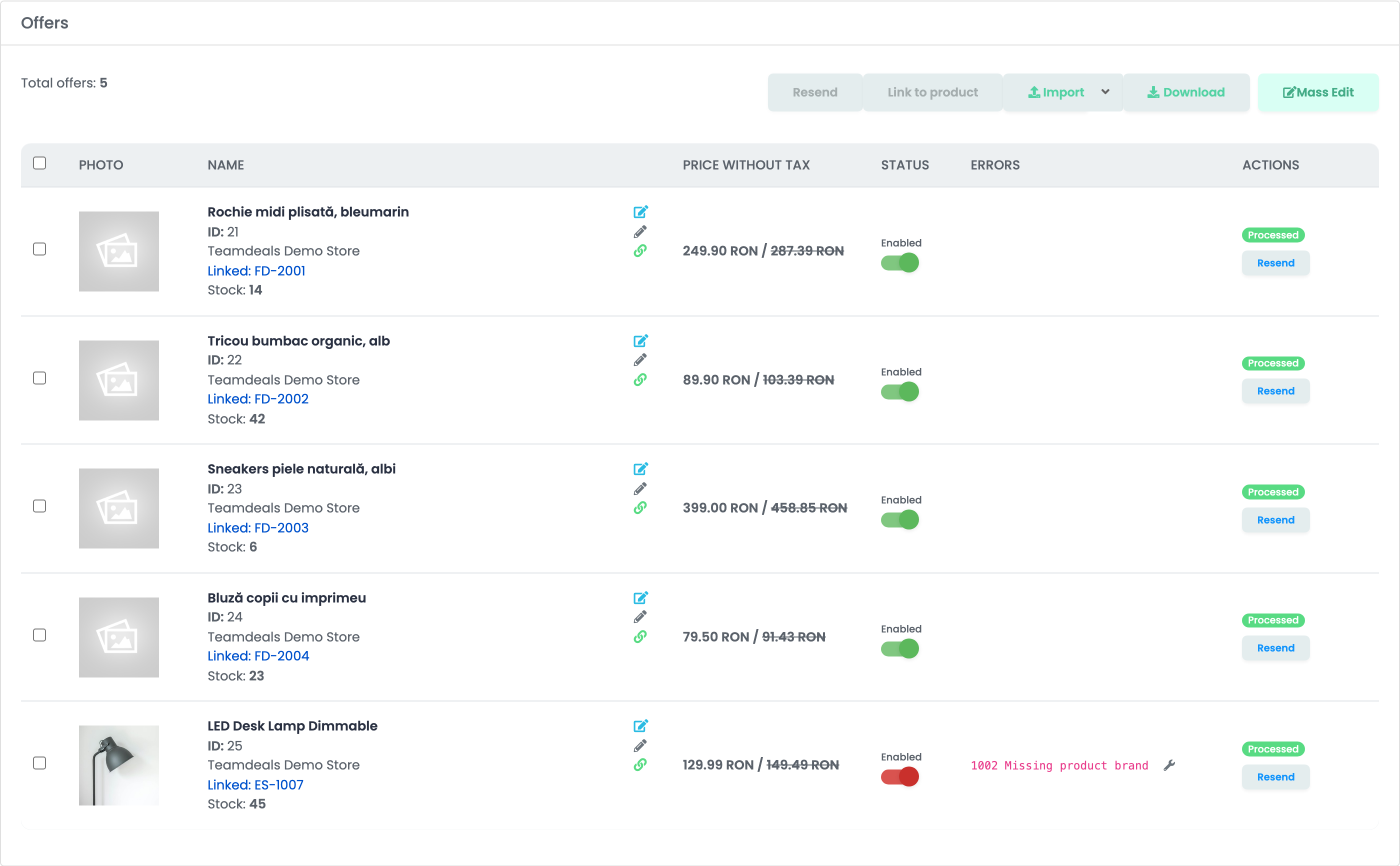 The Teamdeals tab of Offers: four enabled offers and one offer with the error 1002 Missing product brand.