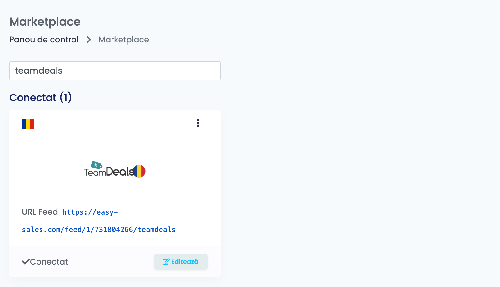 Pagina Marketplace din easySales, filtrată după teamdeals, cu cardul Teamdeals conectat și URL Feed-ul lui.