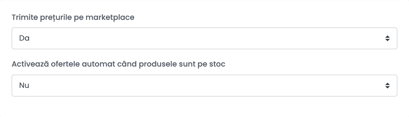 Setările adiționale Lajumate: Trimite prețurile pe marketplace Da și Activează ofertele automat când produsele sunt pe stoc Nu.