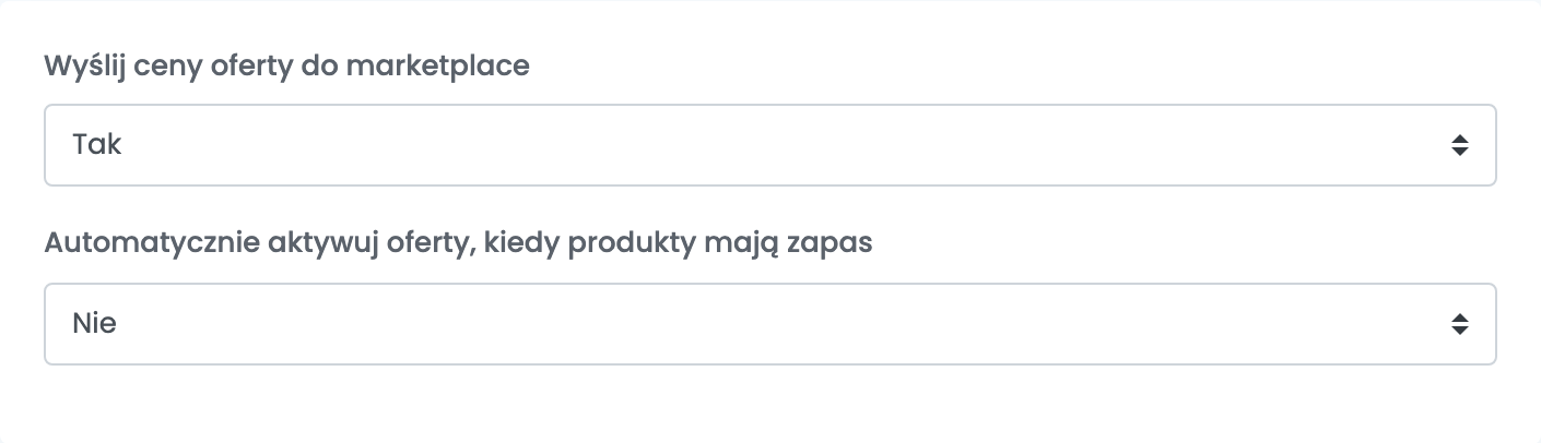 Dodatkowe ustawienia Lajumate: Wyślij ceny oferty do marketplace Tak oraz Automatycznie aktywuj oferty, kiedy produkty mają zapas Nie.