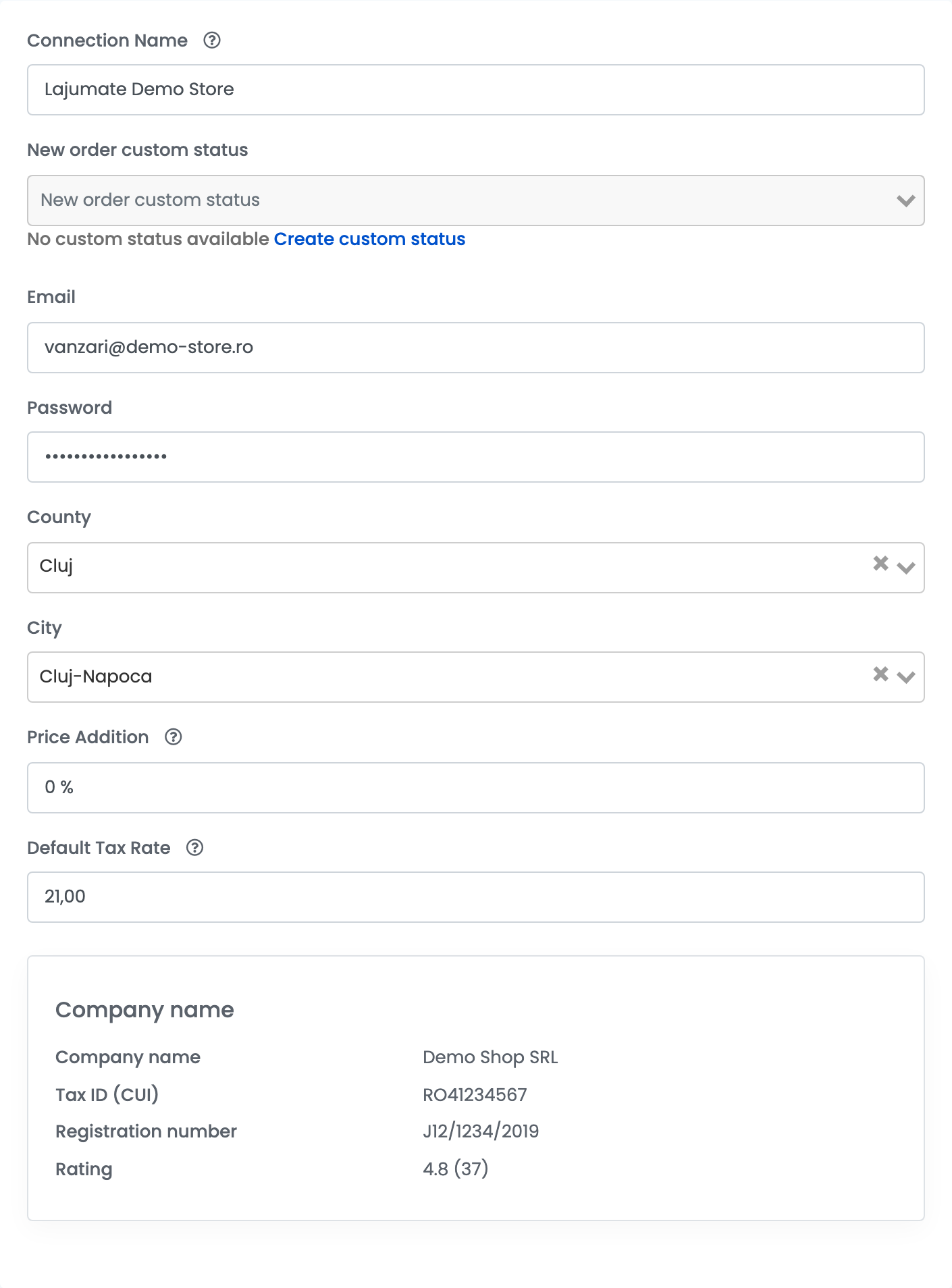 Der Tab Main settings von Lajumate: Connection Name Lajumate Demo Store, Email vanzari@demo-store.ro, Password, County Cluj, City Cluj-Napoca, Price Addition 0 %, Default Tax Rate 21 und die Unternehmensdaten Demo Shop SRL, Tax ID RO41234567, Registration number J12/1234/2019, Rating 4.8 (37).