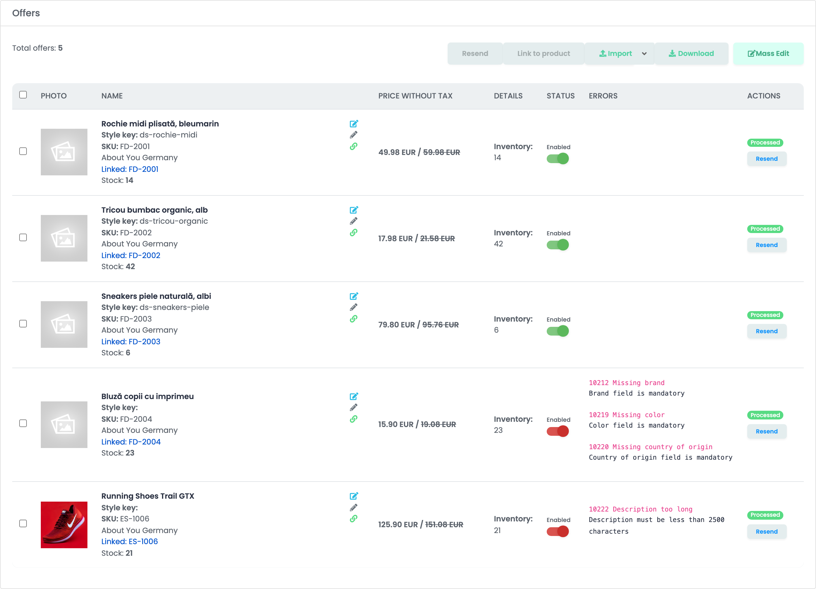 The Offers page on the About You tab of the connected country: three offers with a style key, one with 10212 Missing brand, 10219 Missing color and 10220 Missing country of origin, and one with 10222 Description too long.