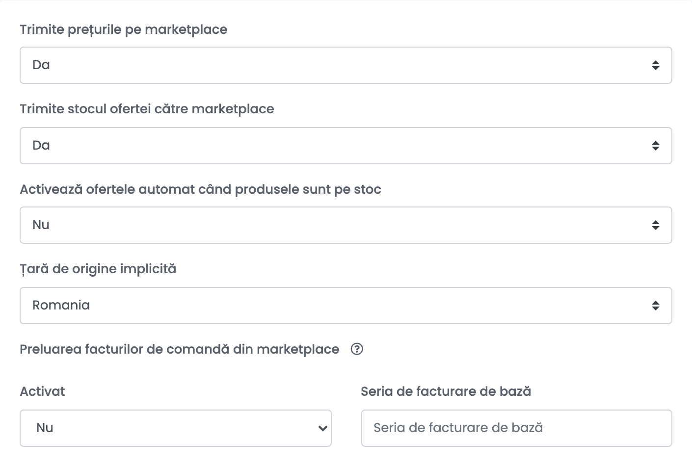 Setări adiționale About You: Trimite prețurile pe marketplace și Trimite stocul ofertei către marketplace pe Da, Activează ofertele automat când produsele sunt pe stoc pe Nu, Țară de origine implicită Romania și Preluarea facturilor de comandă din marketplace cu Activat pe Nu și Seria de facturare de bază.