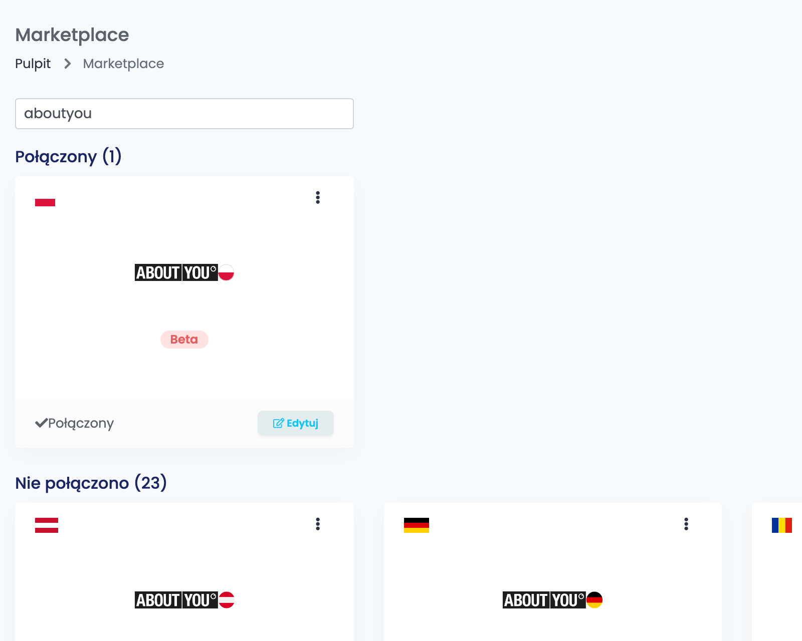 Strona Marketplace w easySales, przefiltrowana po aboutyou, z połączoną kartą About You PL i poniżej niepołączonymi kartami pozostałych krajów About You.