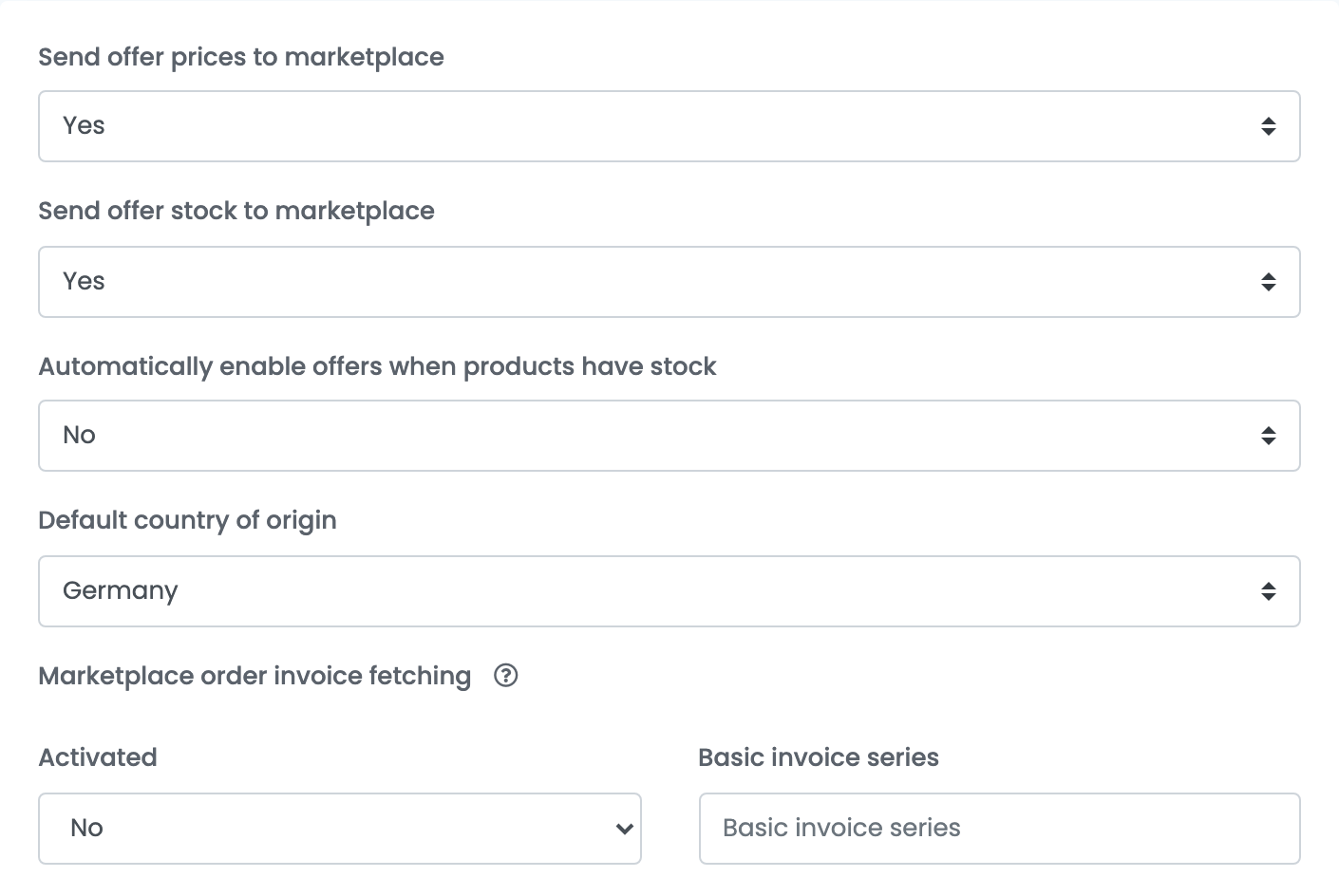 The About You Additional settings: Send offer prices and Send offer stock to marketplace Yes, Automatically enable offers No, Default country of origin Germany, and Marketplace order invoice fetching Activated No with Basic invoice series.