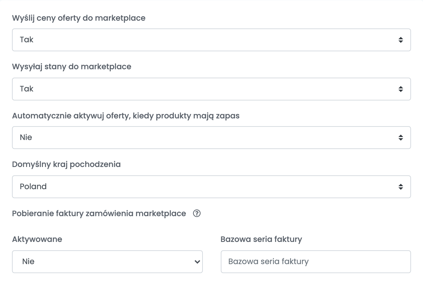 Dodatkowe ustawienia About You: Wyślij ceny oferty do marketplace i Wysyłaj stany do marketplace na Tak, Automatycznie aktywuj oferty na Nie, Domyślny kraj pochodzenia Poland oraz Pobieranie faktury zamówienia marketplace z Aktywowane na Nie i Bazowa seria faktury.