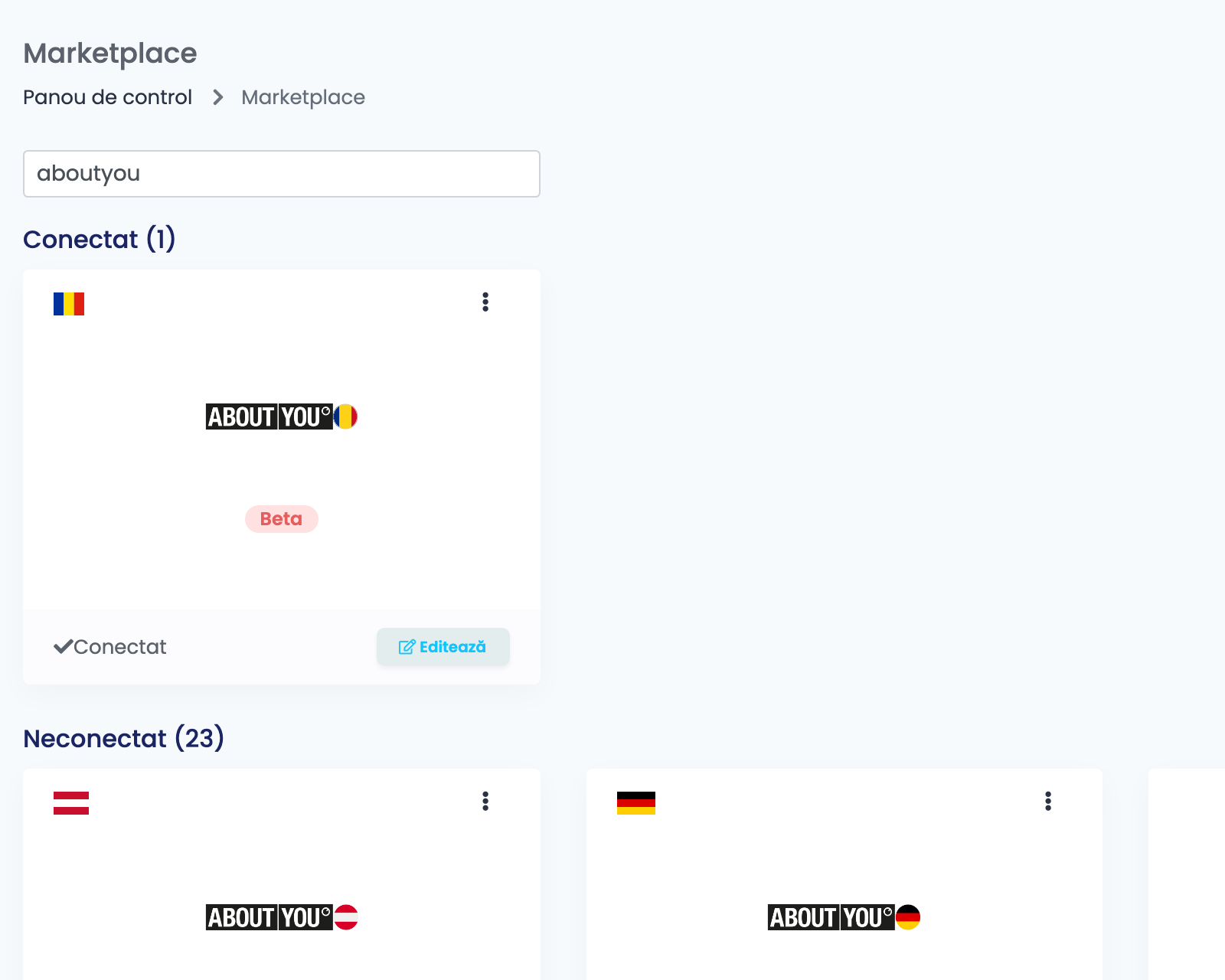 Pagina Marketplace din easySales, filtrată după aboutyou, cu cardul About You RO conectat și, dedesubt, cardurile neconectate ale celorlalte țări About You.