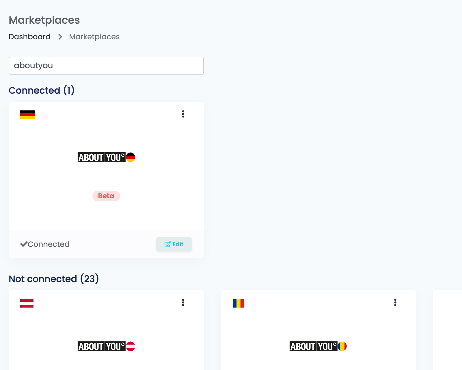 The Marketplaces page in easySales, filtered to aboutyou, with the About You Germany card connected and the other About You country cards below.