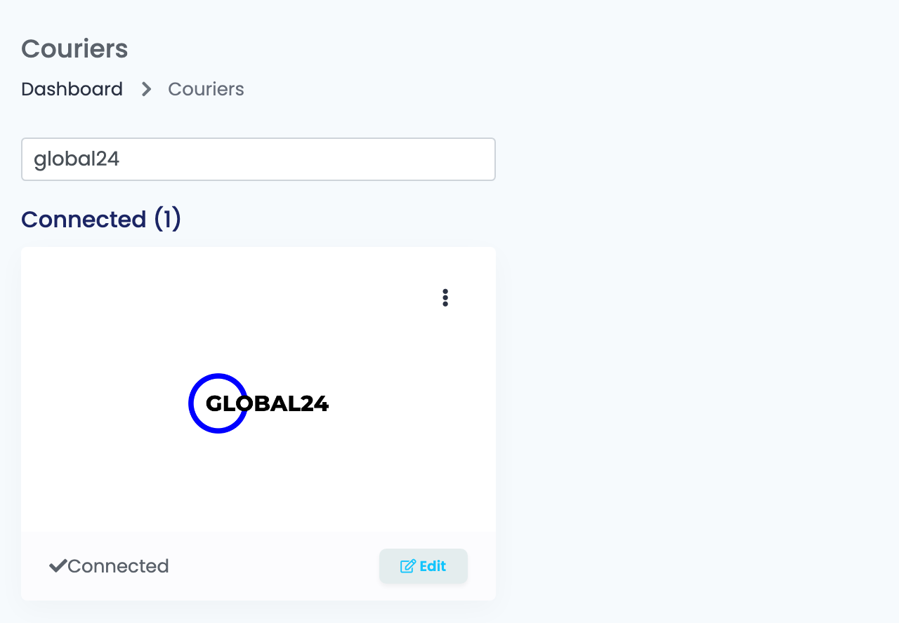 Страницата Couriers в easySales, филтрирана по global24, със свързана карта Global24.