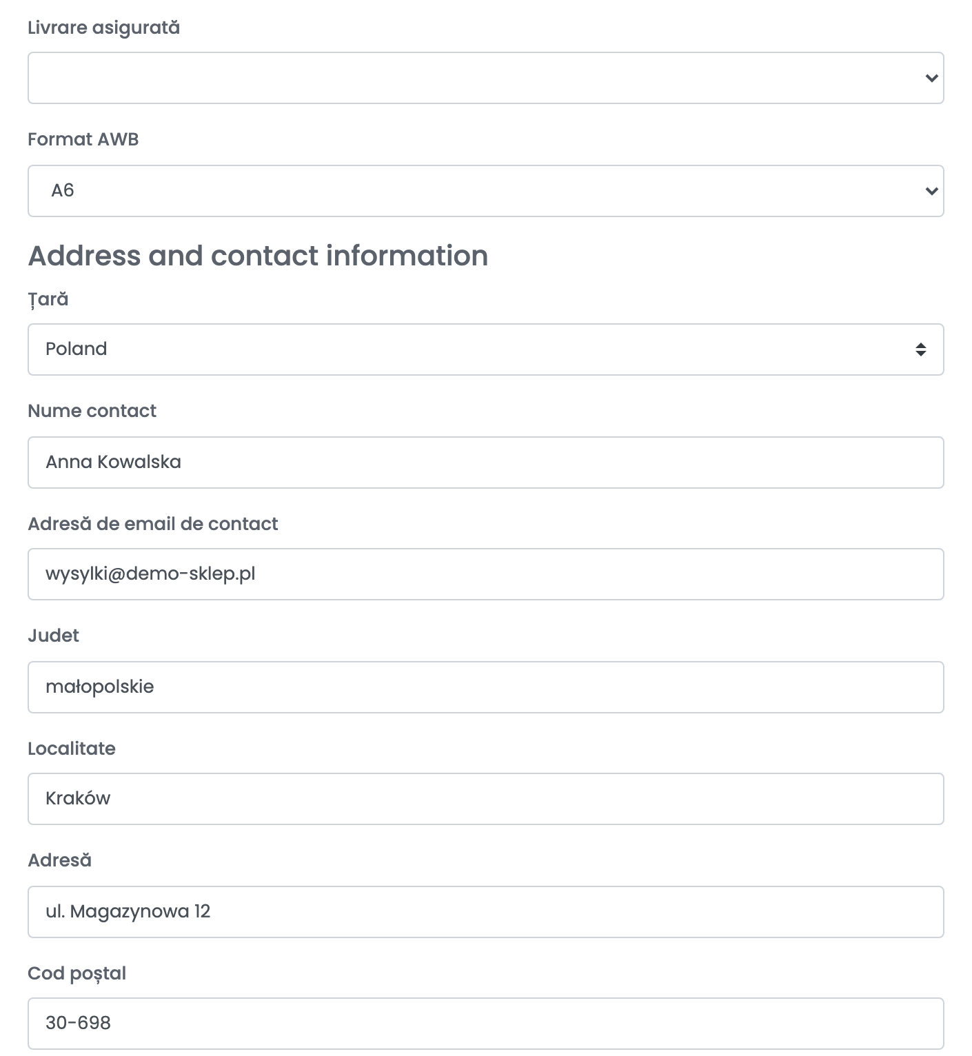 Livrare asigurată necompletată, Format AWB A6 și secțiunea Address and contact information: Țară Poland, Nume contact Anna Kowalska, Adresă de email de contact wysylki@demo-sklep.pl, Judet małopolskie, Localitate Kraków, Adresă ul. Magazynowa 12, Cod poștal 30-698.