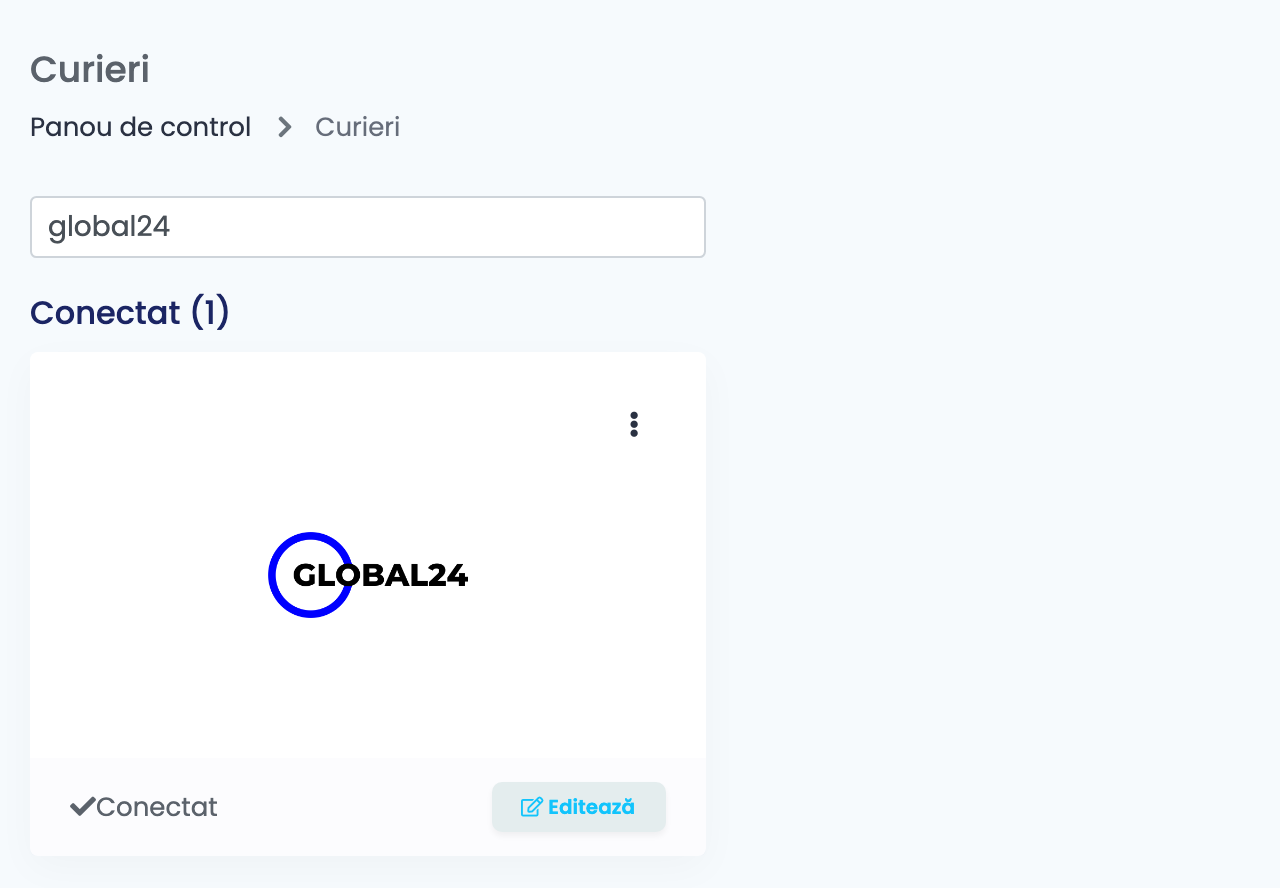 Pagina Curieri din easySales, filtrată după global24, cu cardul Global24 conectat.