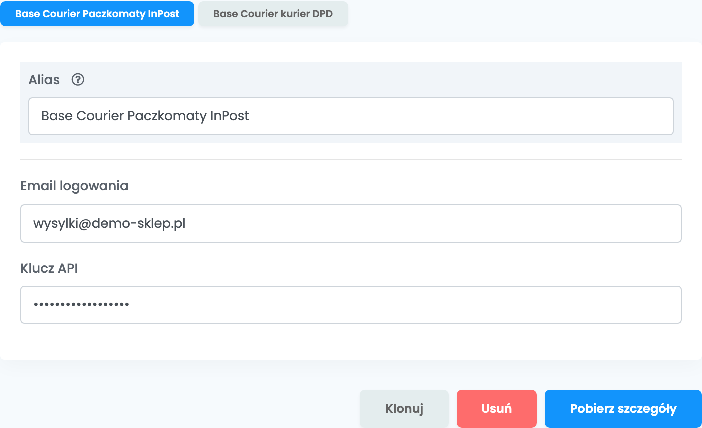 Połączenie Base Courier przed kliknięciem Pobierz szczegóły: Alias Base Courier Paczkomaty InPost, Email logowania wysylki@demo-sklep.pl, Klucz API oraz przyciski Klonuj, Usuń i Pobierz szczegóły.