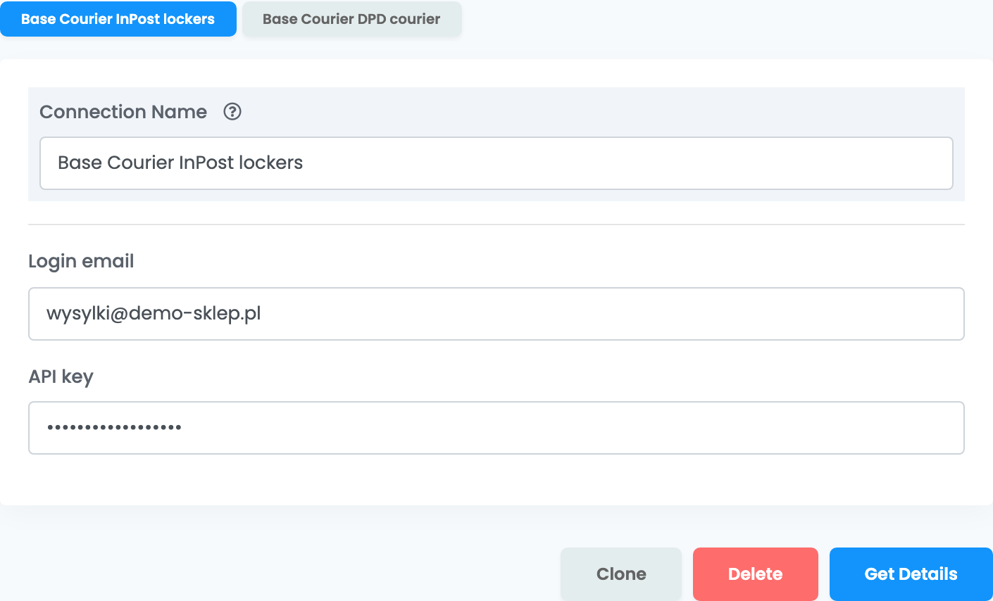 Die Base-Courier-Verbindung vor Get Details: Connection Name Base Courier InPost lockers, Login email wysylki@demo-sklep.pl, API key sowie die Buttons Clone, Delete und Get Details.