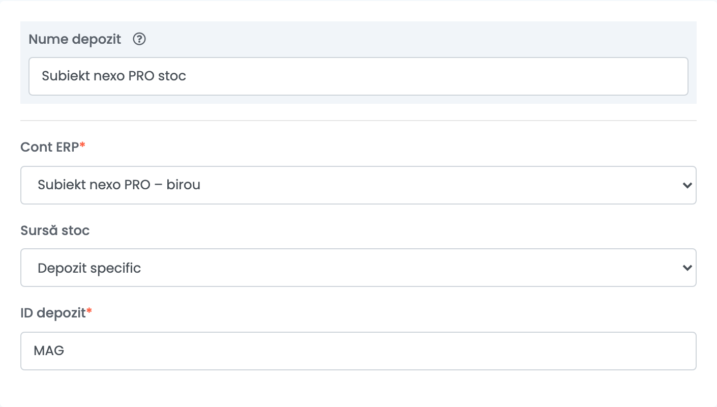 Sursa de stoc Subiekt nexo PRO: Nume depozit Subiekt nexo PRO stoc, Cont ERP Subiekt nexo PRO – birou, Sursă stoc Depozit specific și ID depozit MAG.