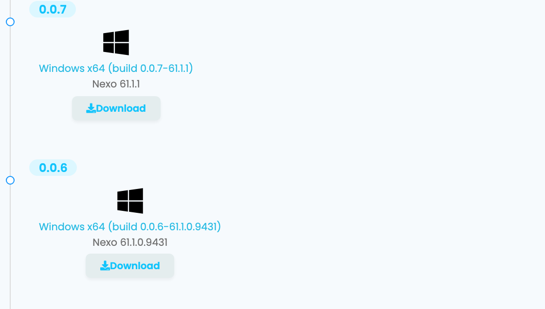 Die Builds des Connectors auf der Seite ERP systems: 0.0.7, Windows x64 (build 0.0.7-61.1.1) für Nexo 61.1.1, und 0.0.6 für Nexo 61.1.0.9431, jeweils mit einer Schaltfläche Download.