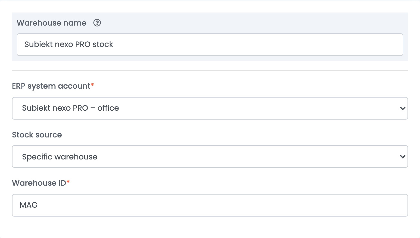 Die Bestandsquelle Subiekt nexo PRO: Warehouse name Subiekt nexo PRO stock, ERP system account Subiekt nexo PRO – office, Stock source Specific warehouse und Warehouse ID MAG.