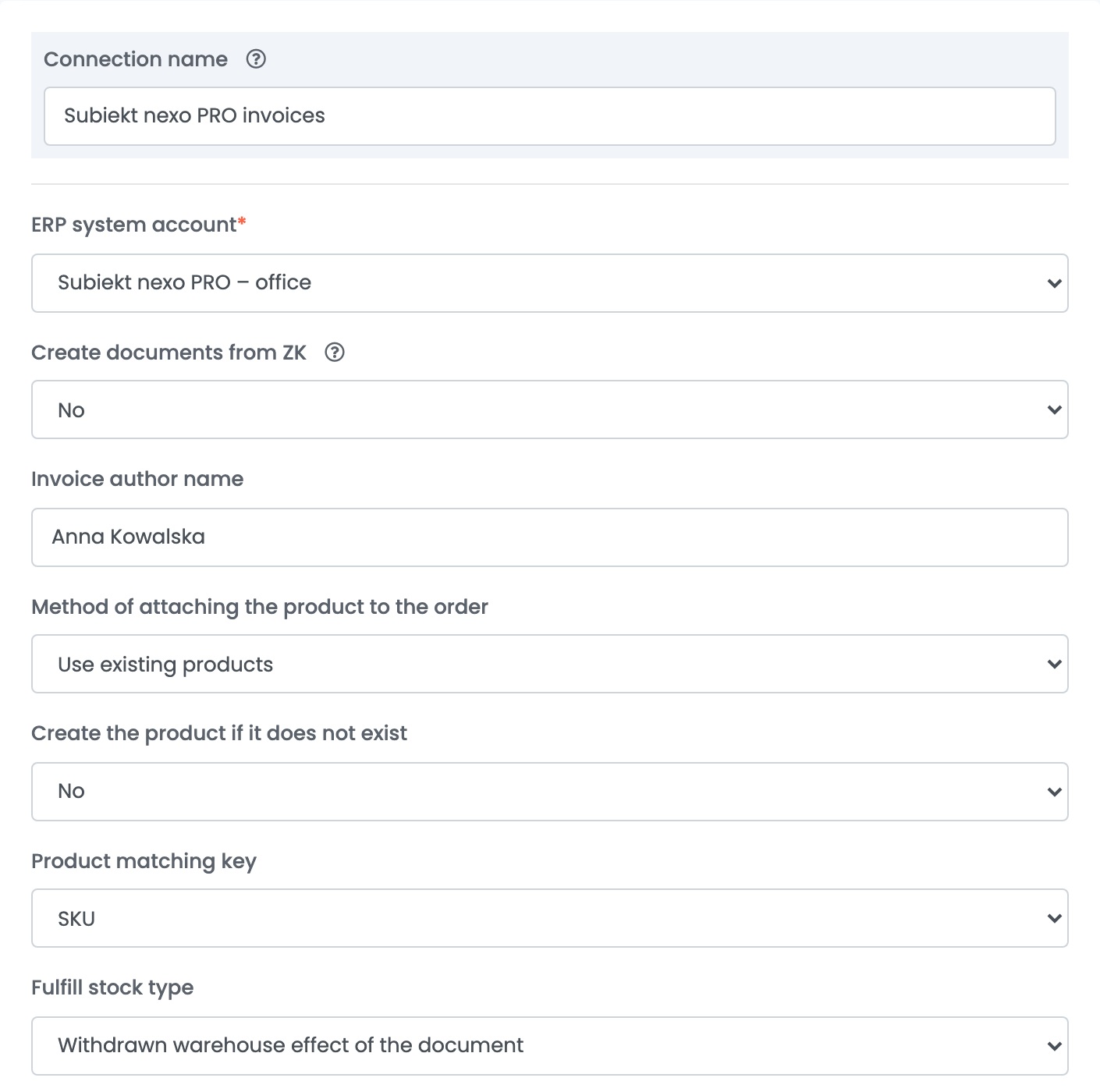Das Rechnungskonto für Subiekt nexo PRO: Connection name Subiekt nexo PRO invoices, ERP system account Subiekt nexo PRO – office, Create documents from ZK No, Invoice author name Anna Kowalska, Method of attaching the product to the order Use existing products, Create the product if it does not exist No, Product matching key SKU, Fulfill stock type.