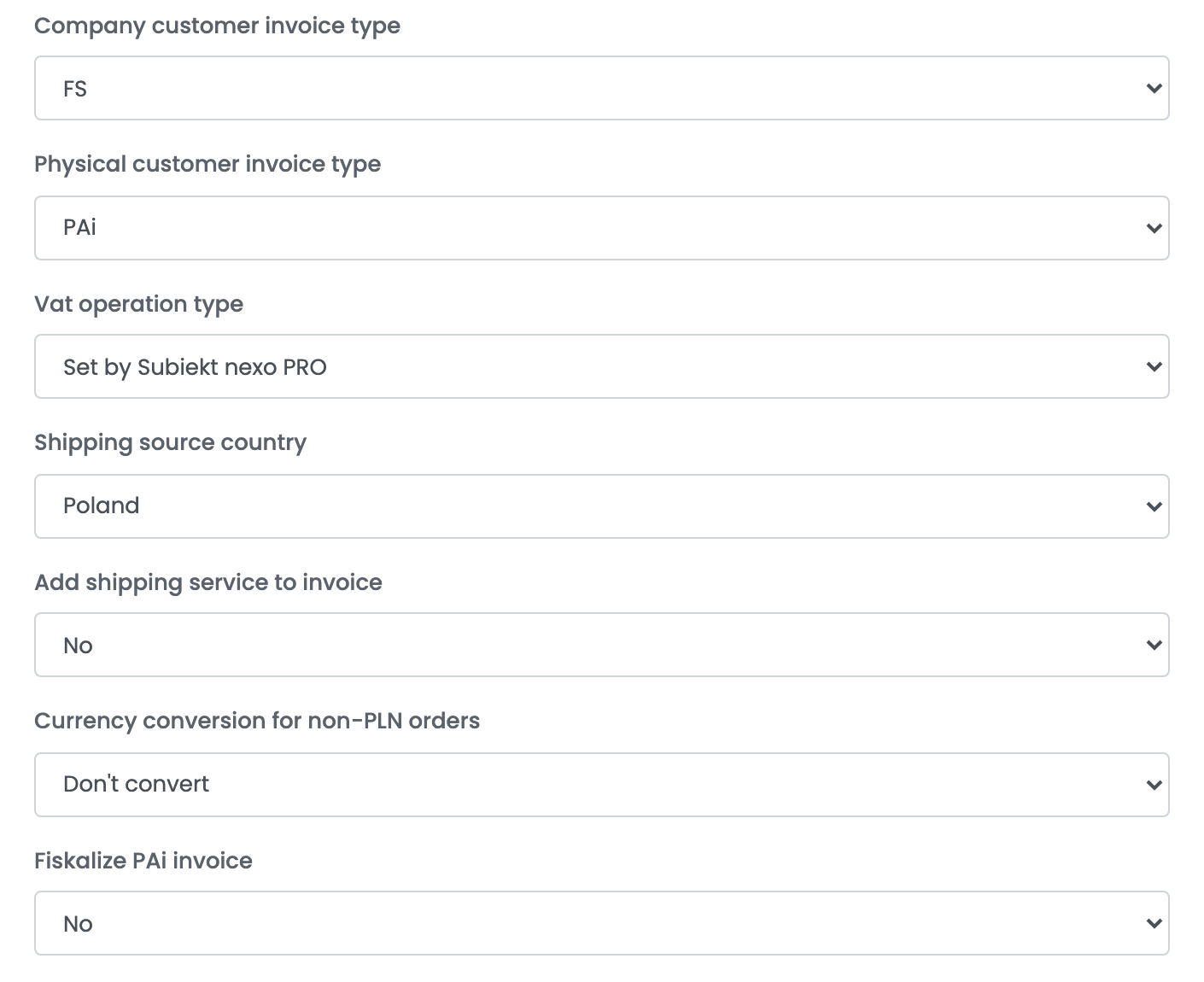 Company customer invoice type FS, Physical customer invoice type PAi, Vat operation type Set by Subiekt nexo PRO, Shipping source country Poland, Add shipping service to invoice No, Currency conversion for non-PLN orders Don't convert, Fiskalize PAi invoice No.