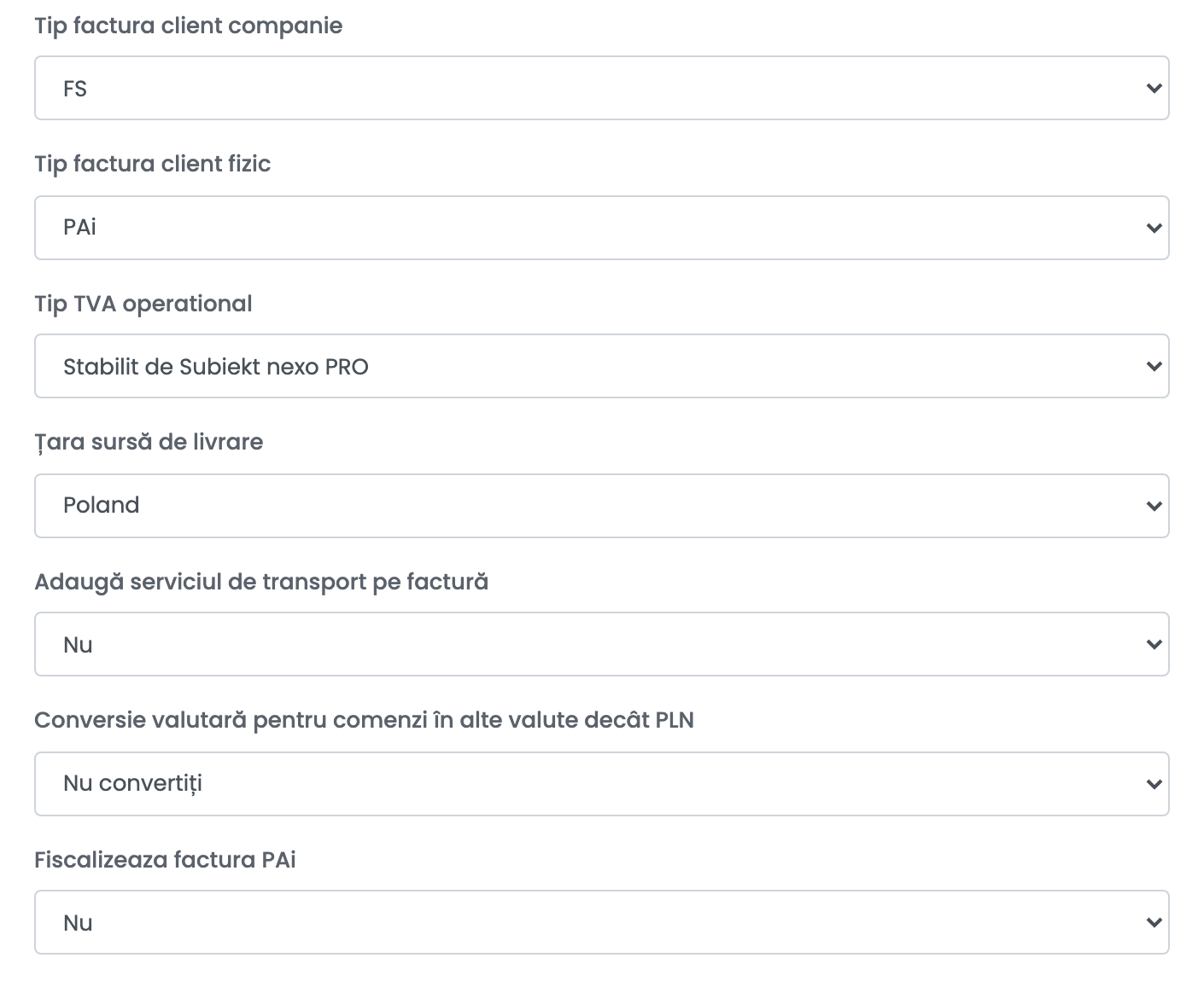Tip factura client companie FS, Tip factura client fizic PAi, Tip TVA operational Stabilit de Subiekt nexo PRO, Țara sursă de livrare Poland, Adaugă serviciul de transport pe factură Nu, Conversie valutară pentru comenzi în alte valute decât PLN Nu convertiți, Fiscalizeaza factura PAi Nu.