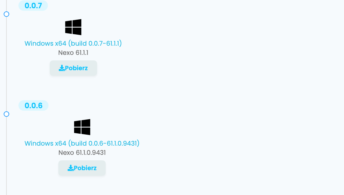 Kompilacje konektora na stronie Systemy ERP: 0.0.7, Windows x64 (build 0.0.7-61.1.1) dla Nexo 61.1.1, oraz 0.0.6 dla Nexo 61.1.0.9431, każda z przyciskiem Pobierz.