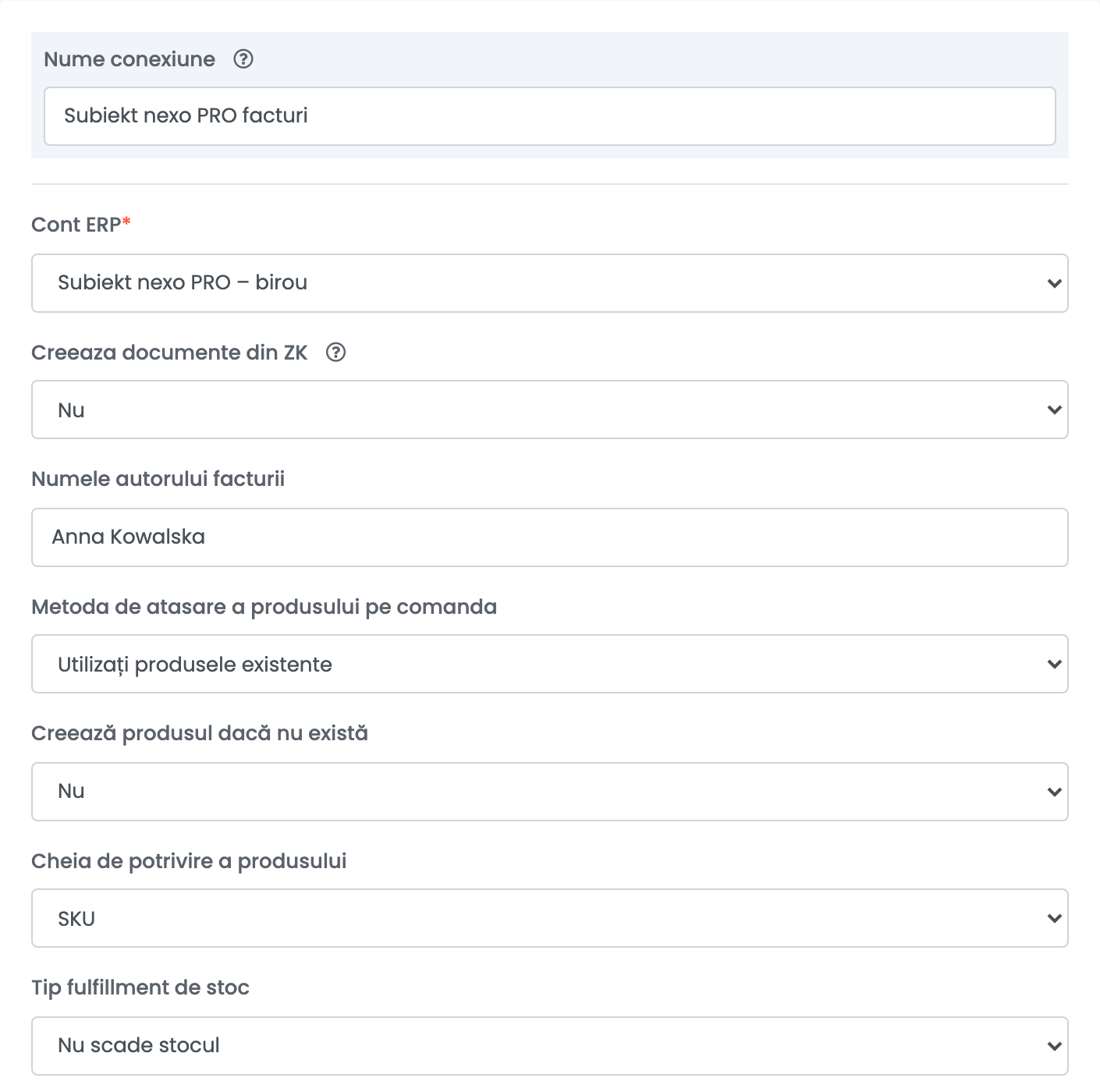 Contul de facturare Subiekt nexo PRO: Nume conexiune Subiekt nexo PRO facturi, Cont ERP Subiekt nexo PRO – birou, Creeaza documente din ZK Nu, Numele autorului facturii Anna Kowalska, Metoda de atasare a produsului pe comanda Utilizați produsele existente, Creează produsul dacă nu există Nu, Cheia de potrivire a produsului SKU, Tip fulfillment de stoc.