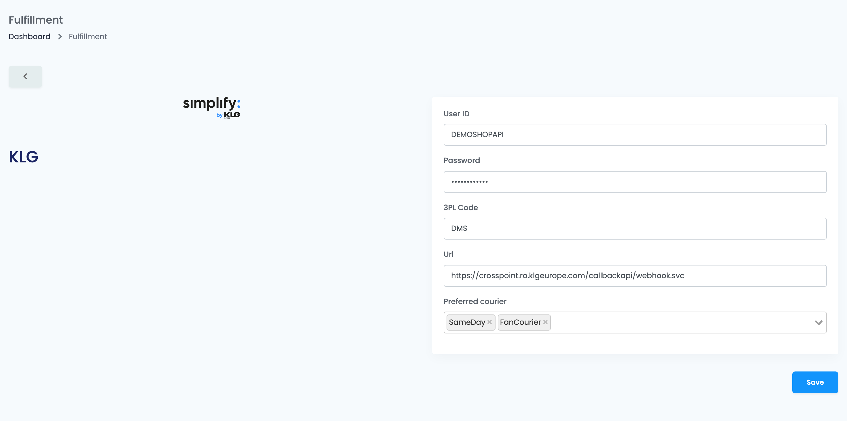 Die KLG-Fulfillment-Verbindung in der englischen Oberfläche: User ID DEMOSHOPAPI, Password, 3PL Code DMS, Url https://crosspoint.ro.klgeurope.com/callbackapi/webhook.svc und Preferred courier SameDay und FanCourier.