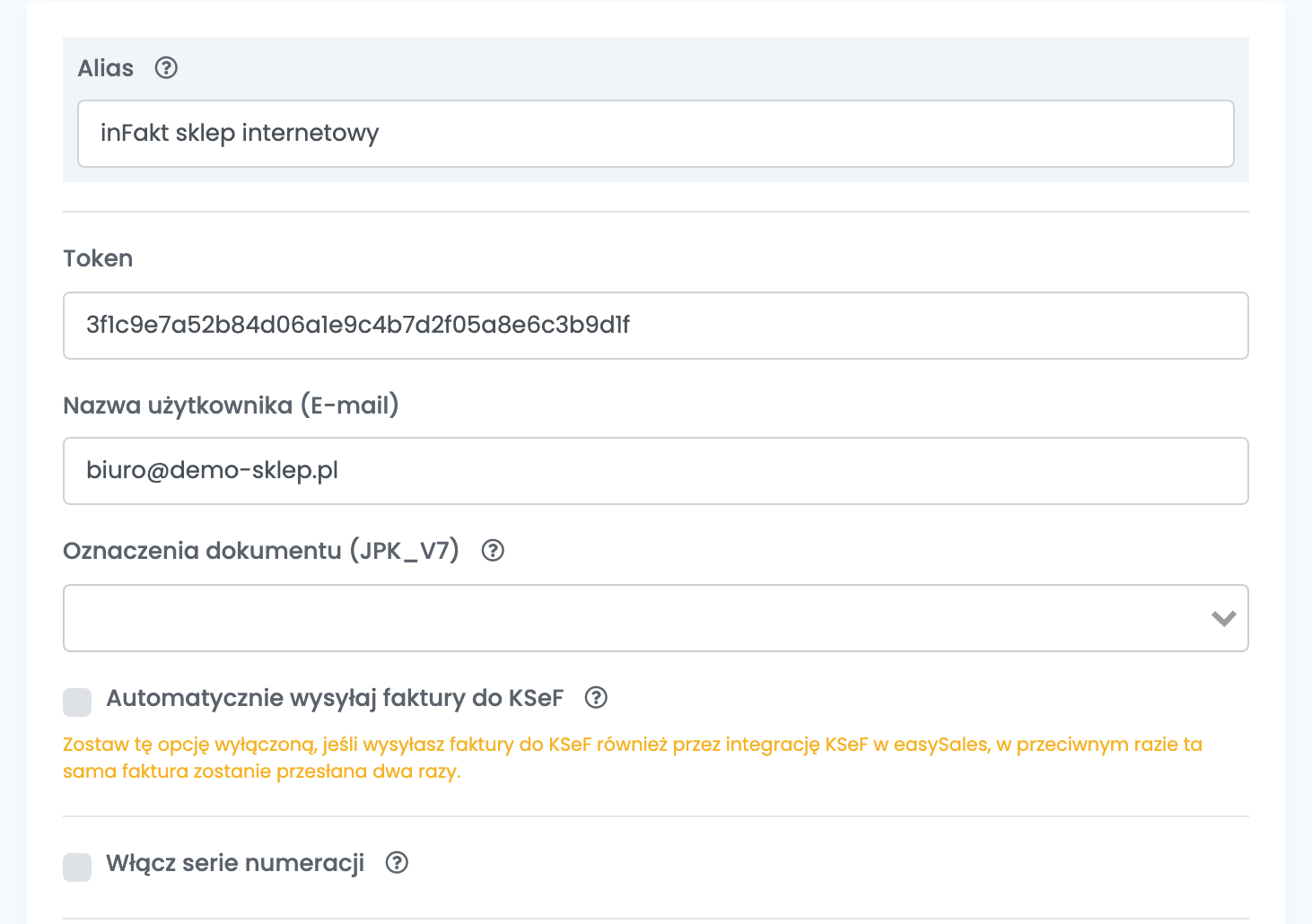 Połączenie z inFaktem: Alias inFakt sklep internetowy, Token, Nazwa użytkownika (E-mail) biuro@demo-sklep.pl, Oznaczenia dokumentu (JPK_V7), Automatycznie wysyłaj faktury do KSeF z ostrzeżeniem oraz Włącz serie numeracji.