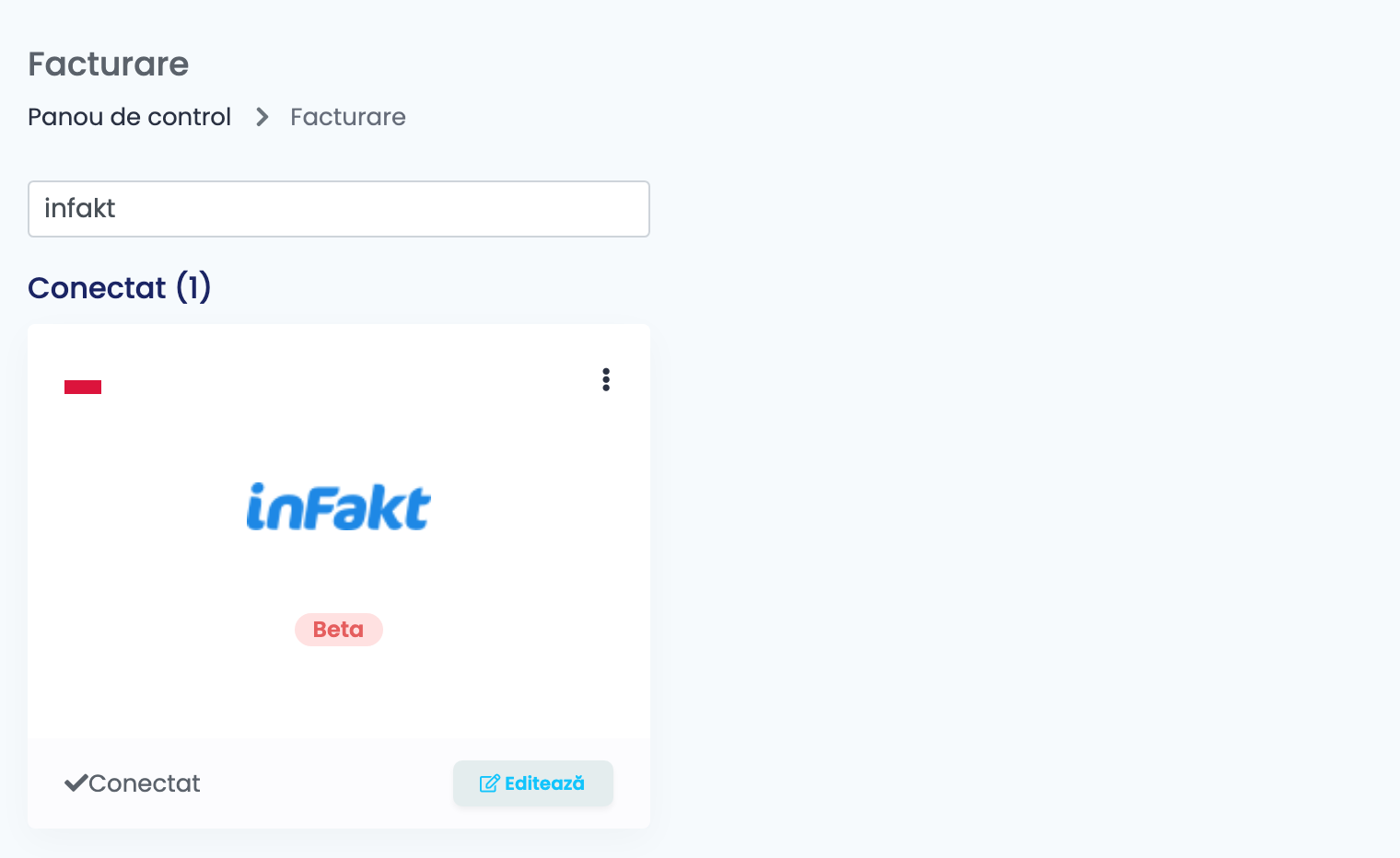 Pagina Facturare din easySales, filtrată după infakt, cu cardul inFakt în secțiunea Conectat (1), marcat Beta, cu starea Conectat și butonul Editează.