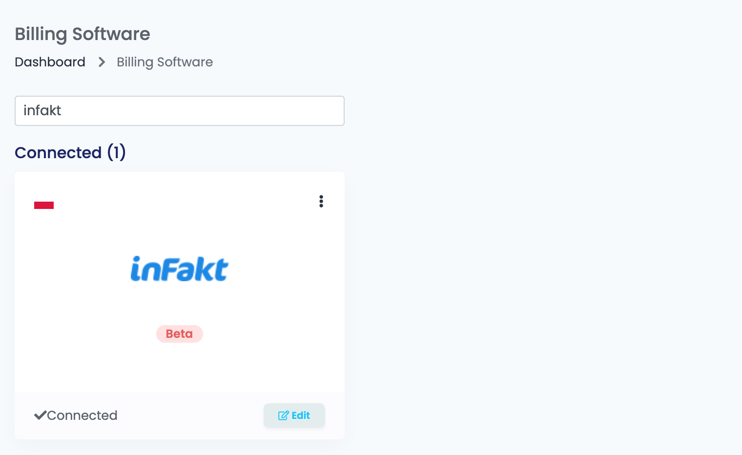 Az easySales Billing Software oldala infakt szűréssel: az inFakt kártya a Connected (1) részben, Beta jelöléssel, Connected állapottal és Edit gombbal.