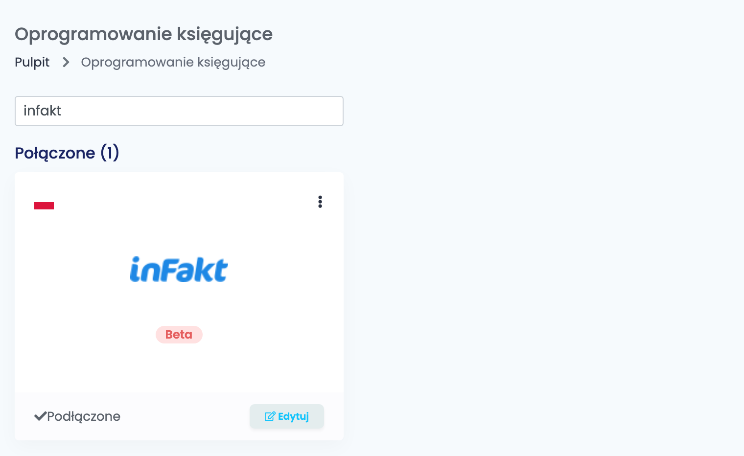 Strona Oprogramowanie księgujące w easySales, przefiltrowana po infakt, z kartą inFakt w sekcji Połączone (1), oznaczoną jako Beta, ze statusem Podłączone i przyciskiem Edytuj.