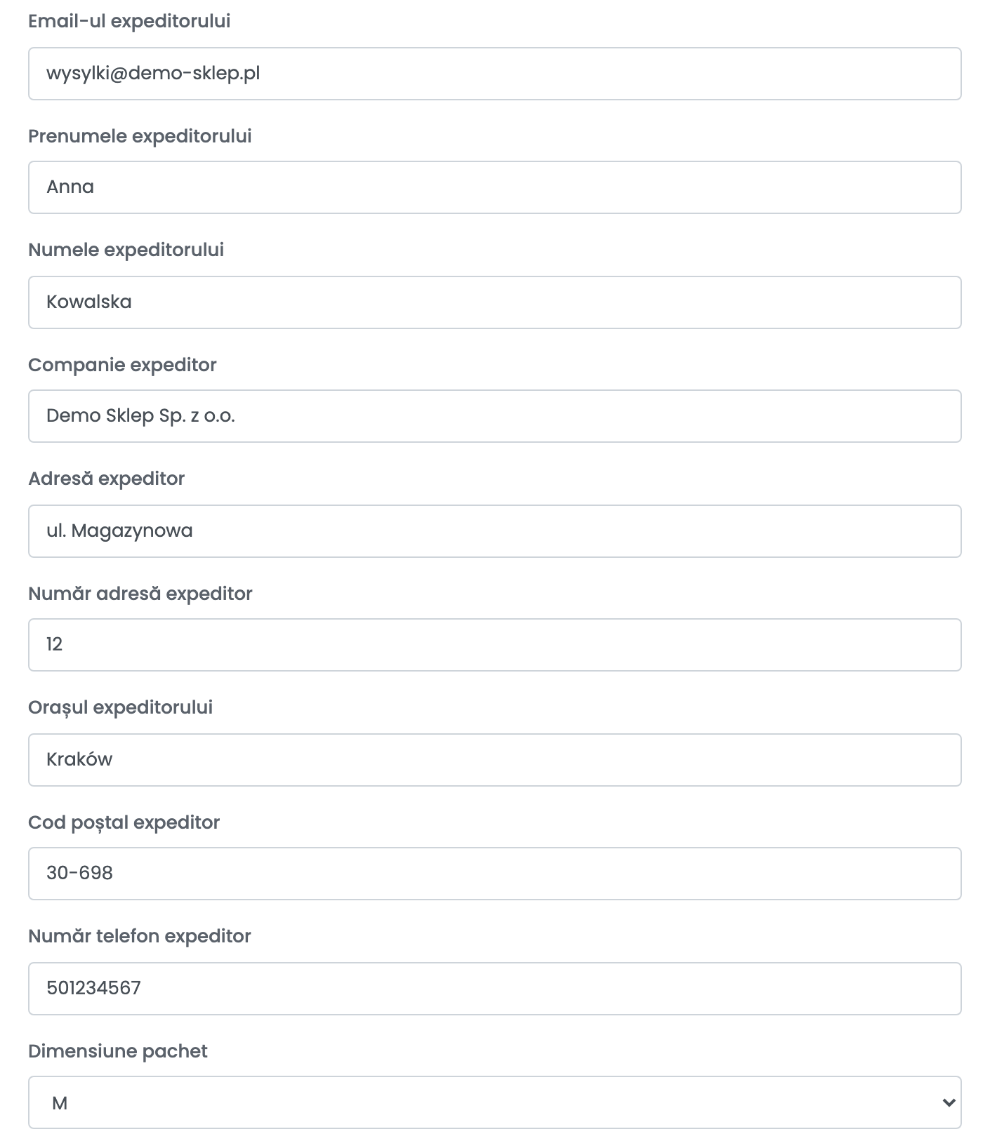 Datele expeditorului conexiunii ORLEN Paczka – mărimea M: wysylki@demo-sklep.pl, Anna Kowalska, Demo Sklep Sp. z o.o., ul. Magazynowa 12, Kraków 30-698, telefon 501234567 și Dimensiune pachet M.