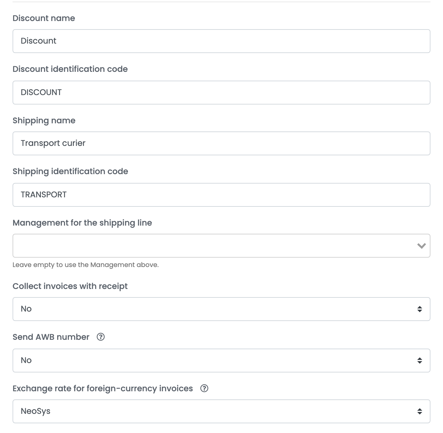 Discount name Discount, Discount identification code DISCOUNT, Shipping name Transport curier, Shipping identification code TRANSPORT, leeres Feld Management for the shipping line, Collect invoices with receipt No, Send AWB number No, Exchange rate for foreign-currency invoices NeoSys.