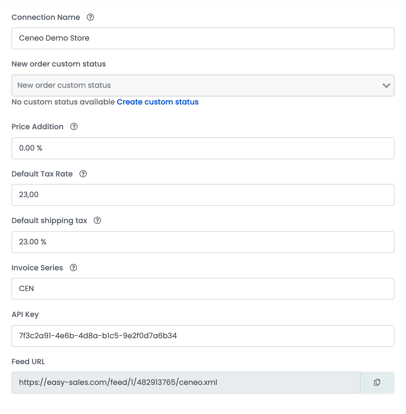 The Main settings of the Ceneo connection: Connection Name Ceneo Demo Store, New order custom status, Price Addition 0.00 %, Default Tax Rate 23, Default shipping tax 23.00 %, Invoice Series CEN, API Key and Feed URL https://easy-sales.com/feed/1/482913765/ceneo.xml with a copy button.