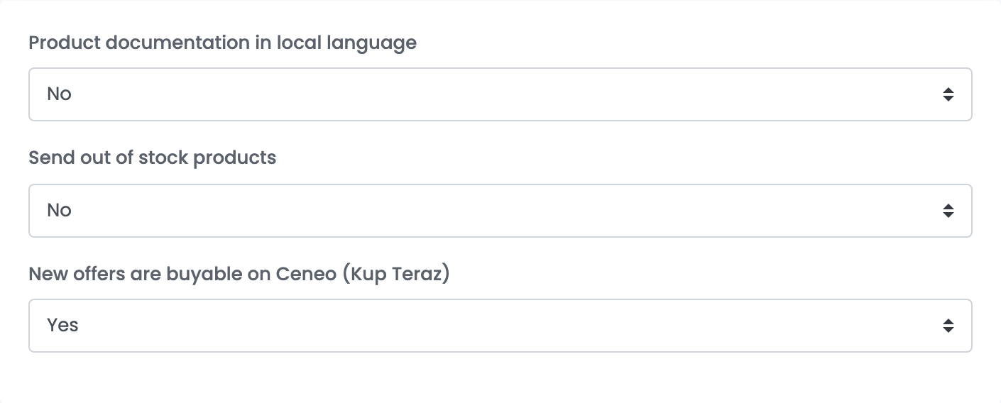 Additional settings: Product documentation in local language No, Send out of stock products No, New offers are buyable on Ceneo (Kup Teraz) Yes.