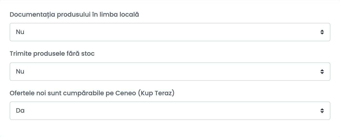 Setări adiționale: Documentația produsului în limba locală Nu, Trimite produsele fără stoc Nu, Ofertele noi sunt cumpărabile pe Ceneo (Kup Teraz) Da.