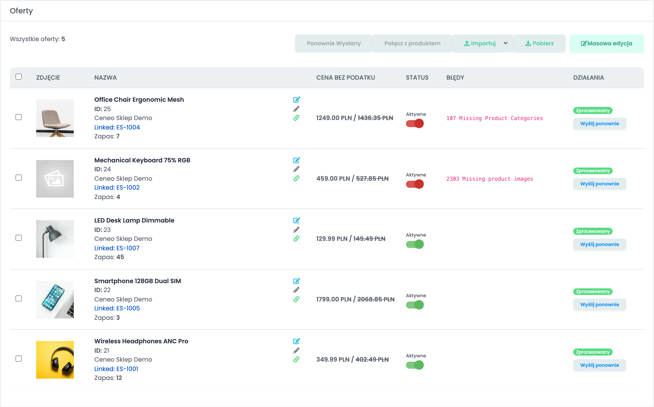 Oferty Ceneo połączenia Ceneo Sklep Demo w easySales, w PLN: dwie oferty z błędami 107 Missing Product Categories i 2303 Missing product images w kolumnie Błędy oraz trzy powiązane oferty bez błędów.