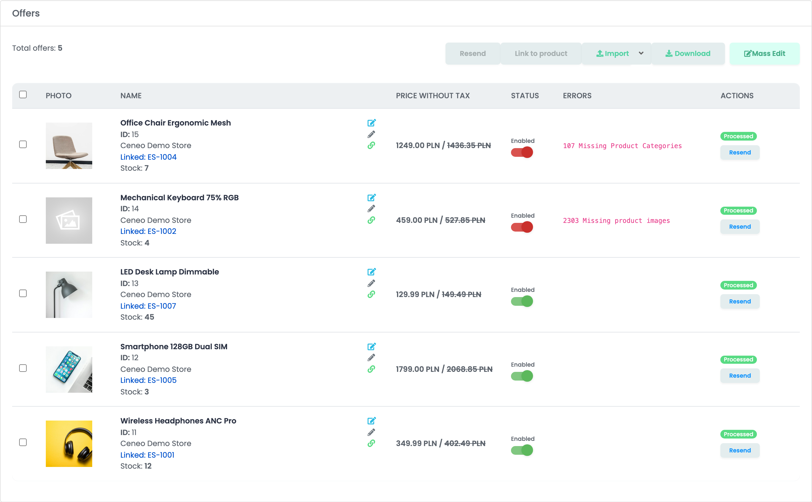 The Ceneo offers in easySales, in PLN: two offers with the errors 107 Missing Product Categories and 2303 Missing product images, and three linked offers without errors.