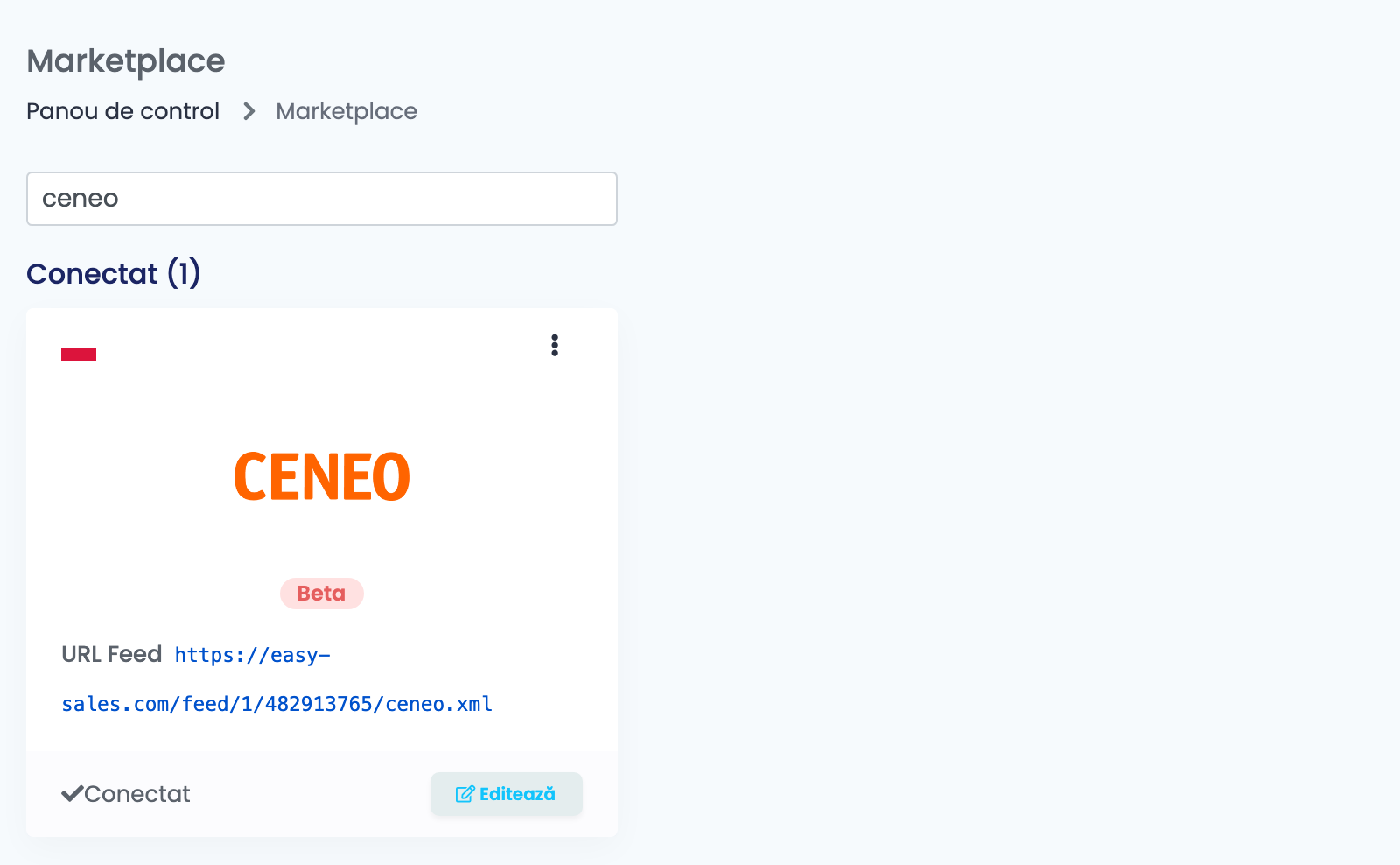 Pagina Marketplace din easySales, filtrată după ceneo, cu cardul Ceneo la Conectat, marcat Beta și cu URL Feed afișat.