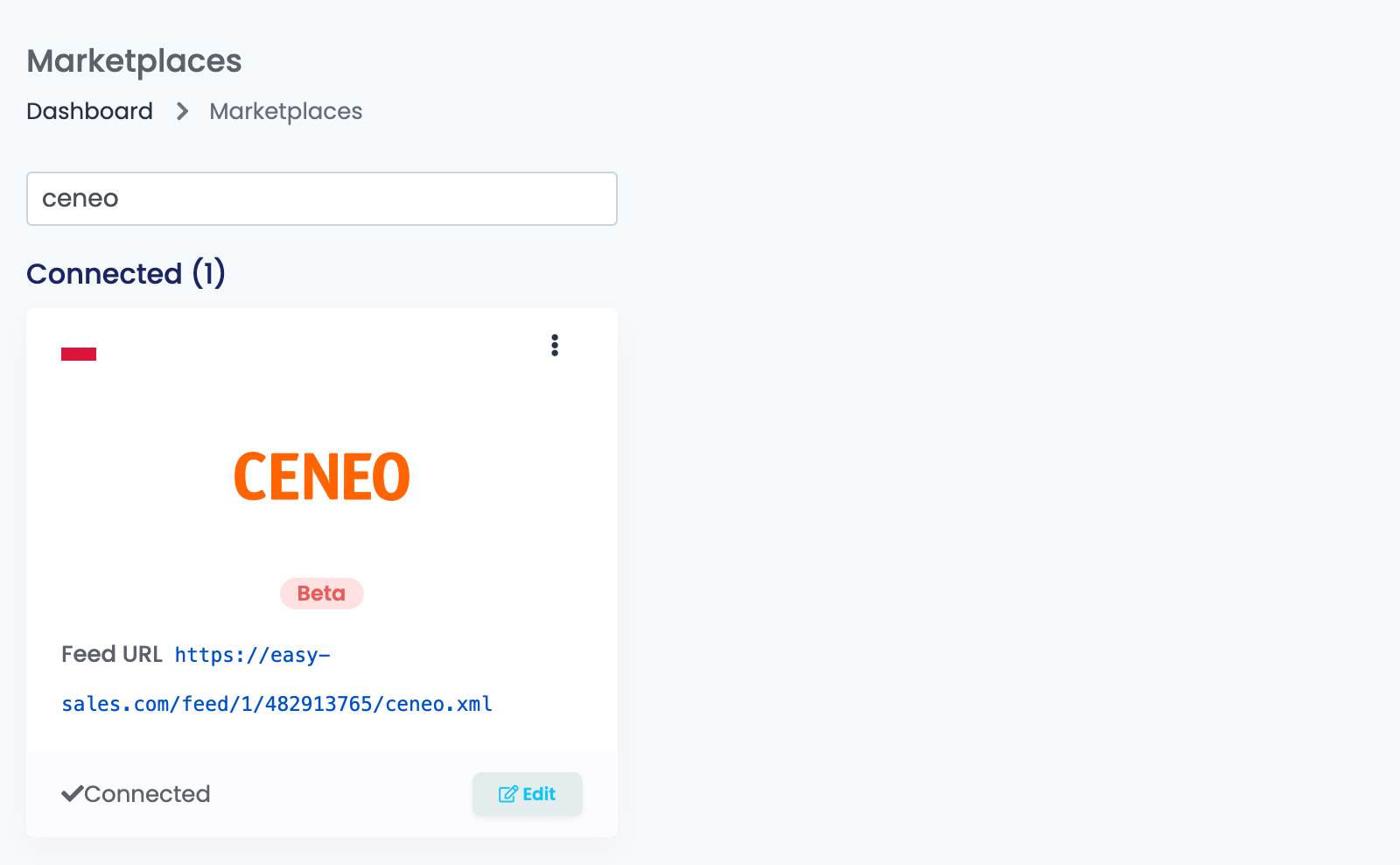 The Marketplaces page in easySales, filtered to ceneo, with the Ceneo card connected, marked Beta and showing its Feed URL.