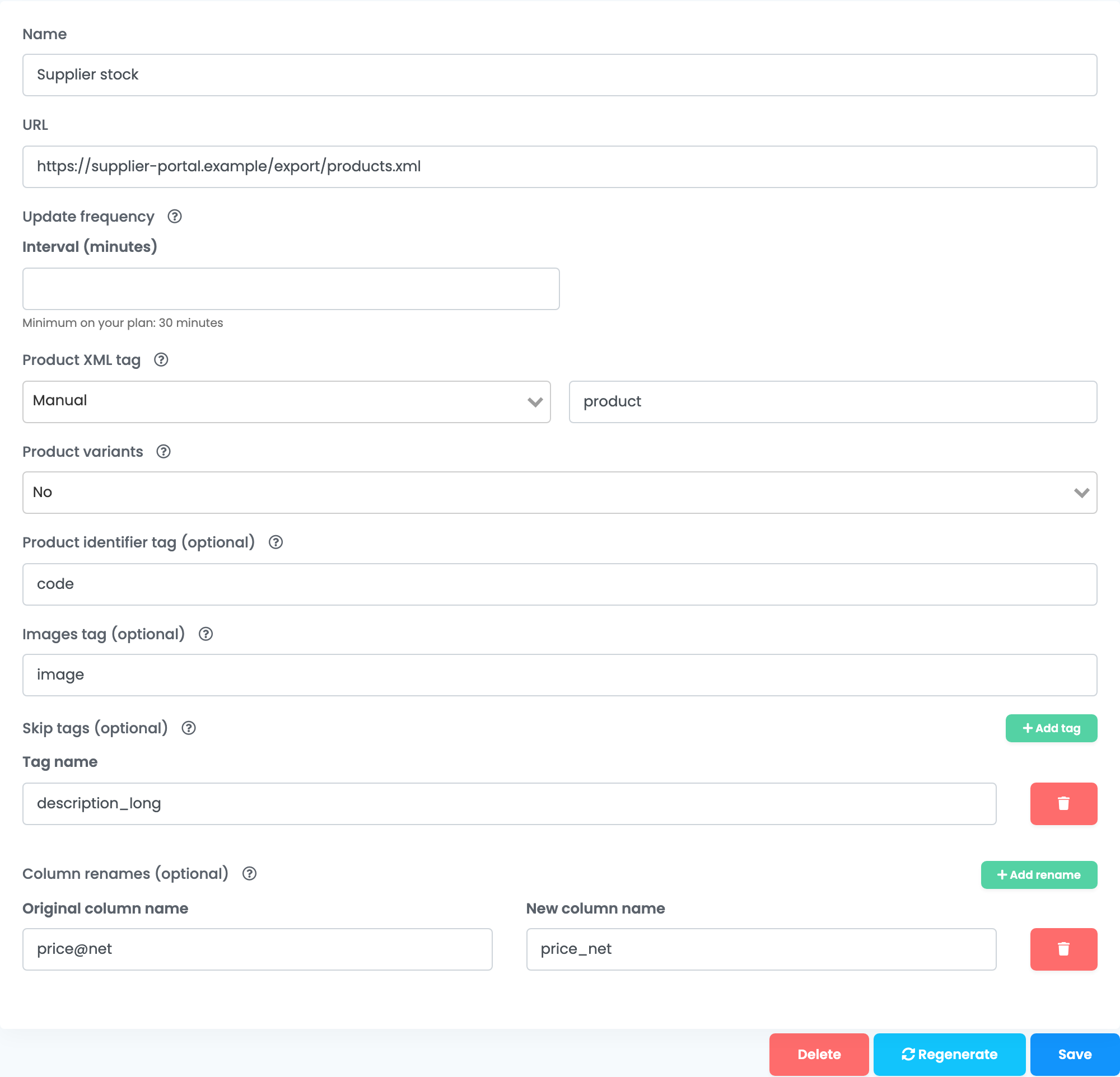 Das Formular Convert XML to CSV: Name Supplier stock, URL https://supplier-portal.example/export/products.xml, Update frequency mit leerem Interval (minutes), Product XML tag auf Manual mit product, Product variants No, Product identifier tag code, Images tag image, Skip tags mit description_long, Column renames von price@net zu price_net sowie die Schaltflächen Delete, Regenerate und Save.