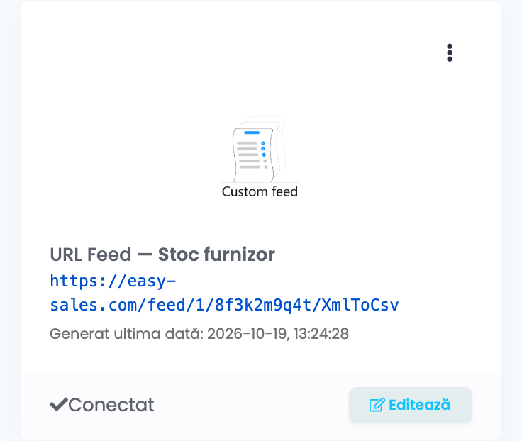 Cardul Custom feed din tab-ul Virtual Shop: URL Feed — Stoc furnizor, linkul https://easy-sales.com/feed/1/8f3k2m9q4t/XmlToCsv, Generat ultima dată cu o dată și o oră, Conectat și Editează.