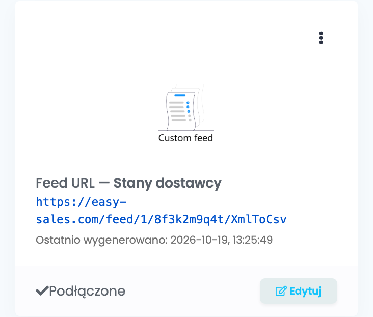 Karta Custom feed w zakładce Virtual Shop: Feed URL — Stany dostawcy, link https://easy-sales.com/feed/1/8f3k2m9q4t/XmlToCsv, Ostatnio wygenerowano z datą i godziną, Podłączone i Edytuj.