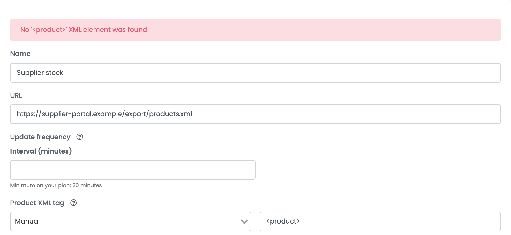 Der obere Teil des Formulars mit der roten Meldung No '<product>' XML element was found und Product XML tag auf Manual, mit <product> in spitzen Klammern eingegeben.