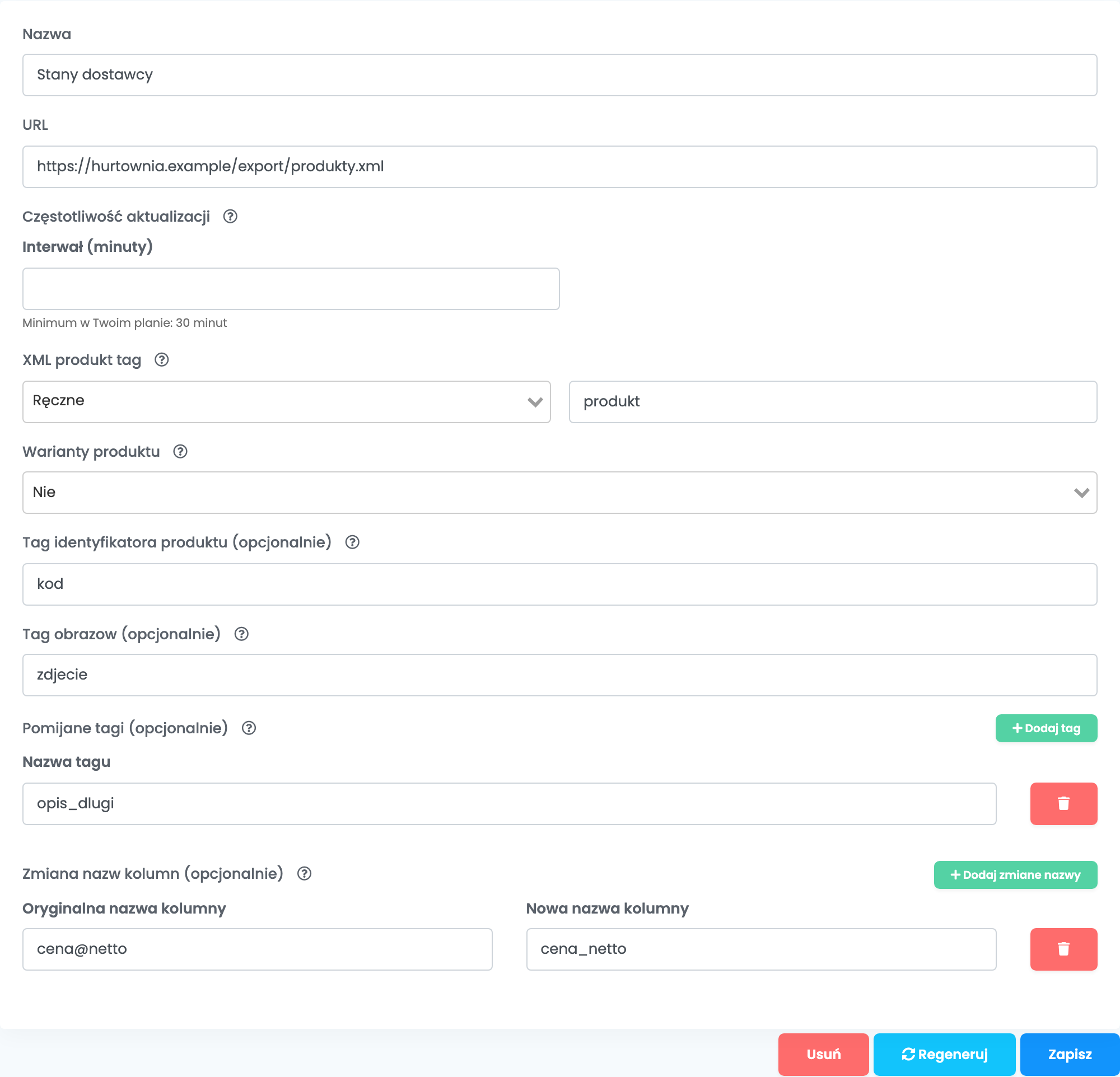 Formularz Konwertuj XML do CSV: Nazwa Stany dostawcy, URL https://hurtownia.example/export/produkty.xml, Częstotliwość aktualizacji z pustym polem Interwał (minuty), XML produkt tag Ręczne z produkt, Warianty produktu Nie, Tag identyfikatora produktu kod, Tag obrazow zdjecie, Pomijane tagi z opis_dlugi, Zmiana nazw kolumn z cena@netto na cena_netto oraz przyciski Usuń, Regeneruj i Zapisz.