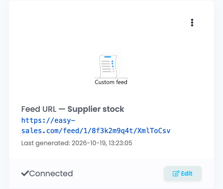 Die Karte Custom feed im Tab Virtual Shop: Feed URL — Supplier stock, der Link https://easy-sales.com/feed/1/8f3k2m9q4t/XmlToCsv, Last generated mit Datum und Uhrzeit, Connected und Edit.