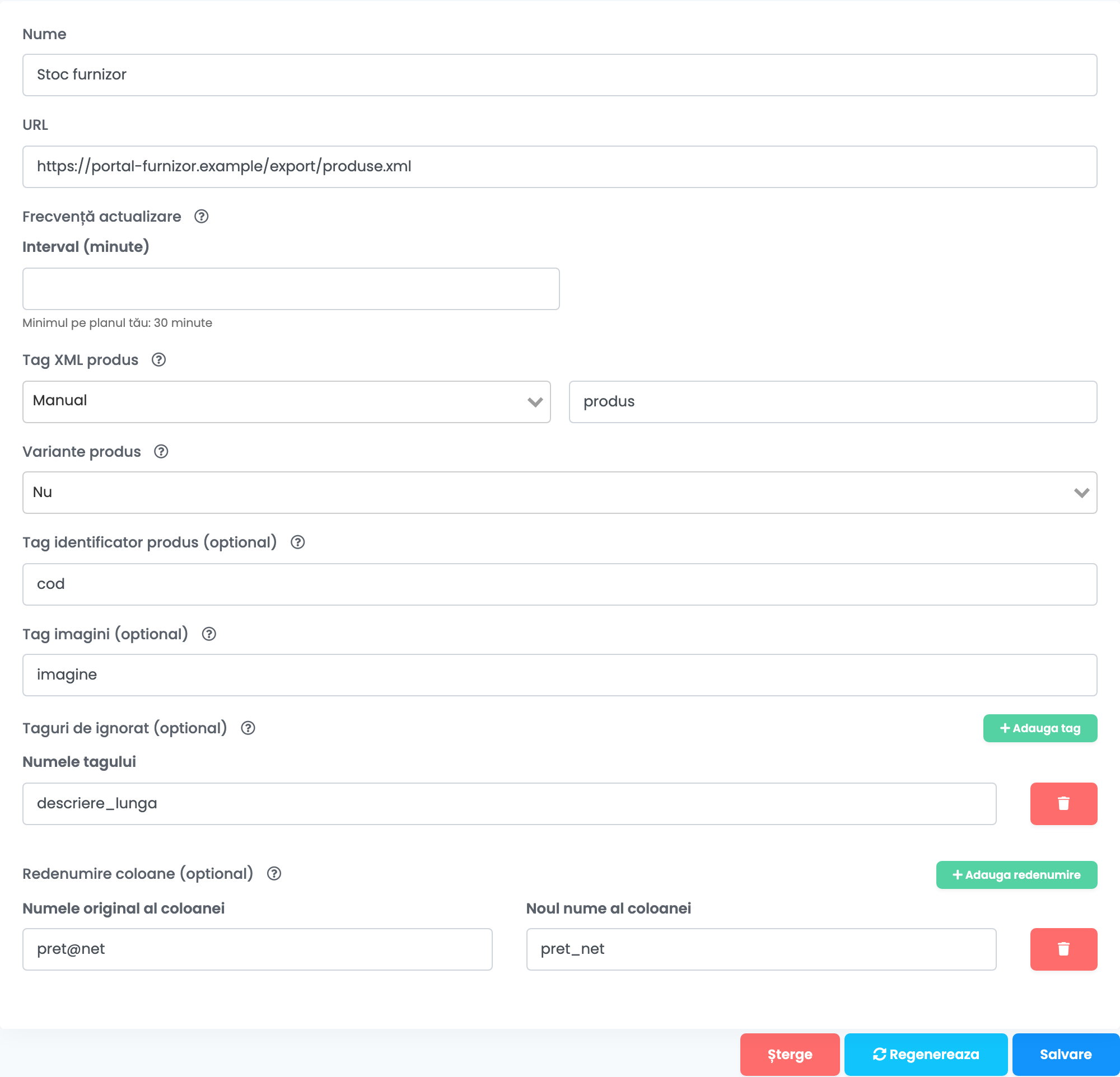 Formularul Transformă XML în CSV: Nume Stoc furnizor, URL https://portal-furnizor.example/export/produse.xml, Frecvență actualizare cu Interval (minute) necompletat, Tag XML produs Manual cu produs, Variante produs Nu, Tag identificator produs cod, Tag imagini imagine, Taguri de ignorat cu descriere_lunga, Redenumire coloane din pret@net în pret_net și butoanele Șterge, Regenereaza și Salvare.