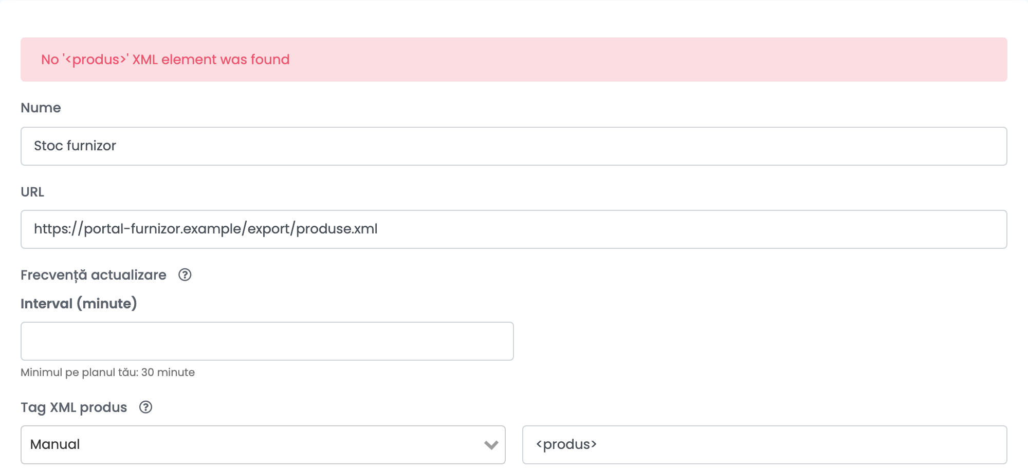 Partea de sus a formularului cu mesajul roșu No '<produs>' XML element was found și Tag XML produs setat pe Manual, cu <produs> scris între paranteze unghiulare.