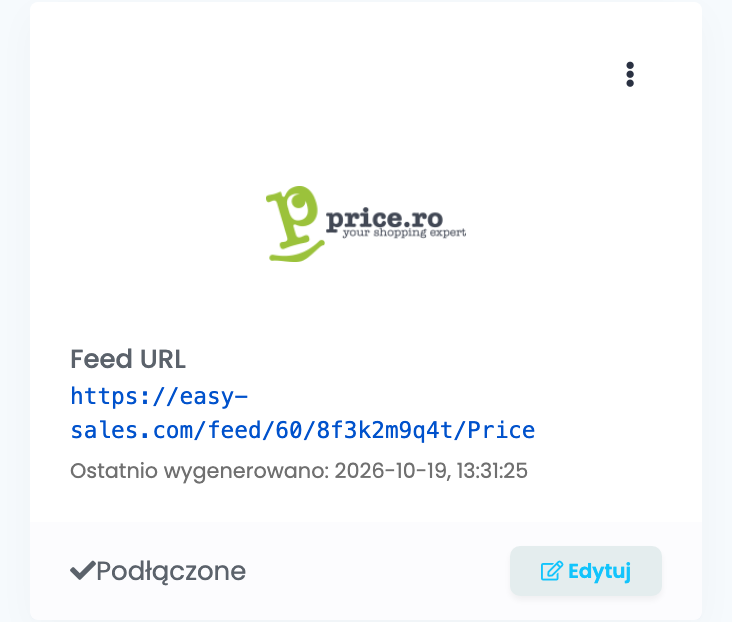 Połączona karta price.ro na stronie Feed: Feed URL https://easy-sales.com/feed/60/8f3k2m9q4t/Price, Ostatnio wygenerowano z datą i godziną, Podłączone i Edytuj.